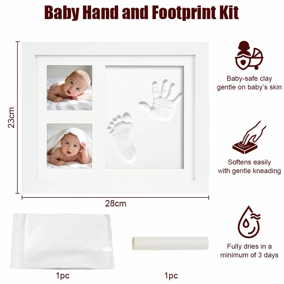 Vicloon Marco Huella Bebé, Kit para Huellas de Manos de Recién Nacido, Marco de Recuerdo, Marco de Fotos para Huellas de Manos de Bebé, Regalos Personalizados para Baby Shower (Tres Agujeros)