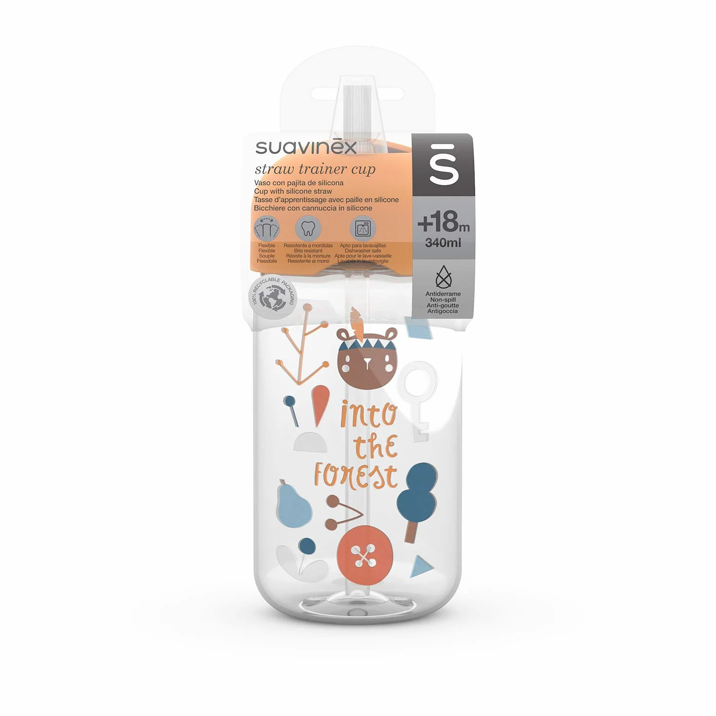 SUAVINEX, Vaso Aprendizaje para Bebés, Vaso Pajita de Silicona Suave y Flexible, con Sistema Antiderrame y Antigoteo, Apto Lavavajillas, Con Tapa, 340 ml, Botella para Bebés +18 Meses, Amarillo