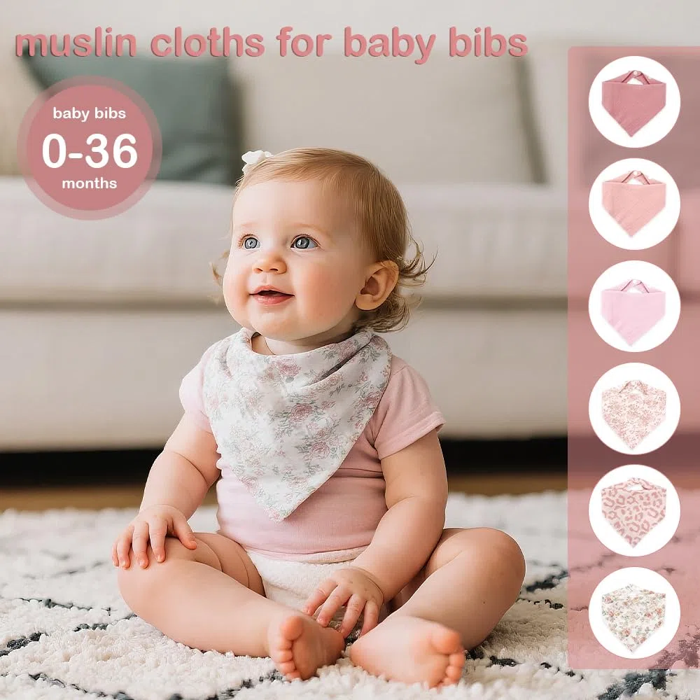 6 Paquetes de Bavios para Bebé en Forma de Bandana, Bavios de Muselina con Presillas Ajustables, Bavios de Bandana para Recién Nacidos e Infantes