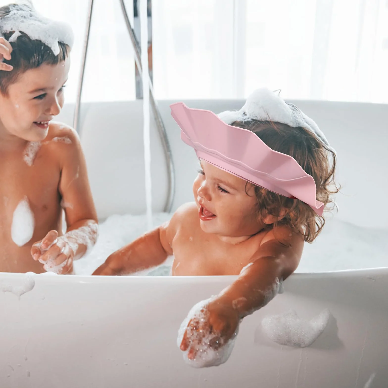 Gorro Ducha Beber Proteger Ojos y Oídos Silicona Protector Cabeza Ajustable Función Tres en Uno Regadera Baño (Rosa)