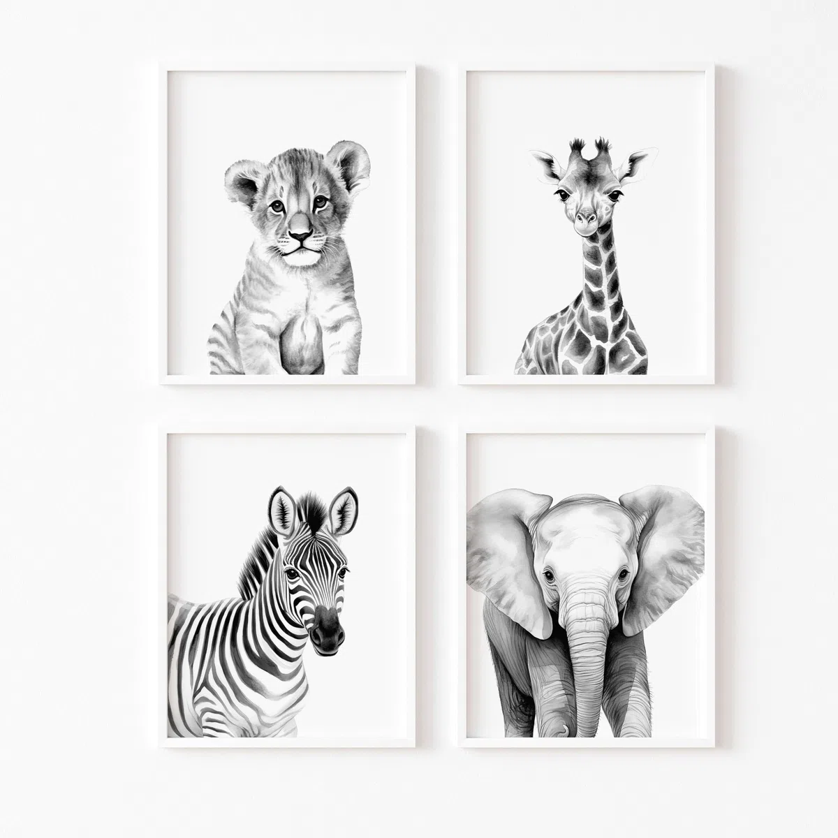 ayurvana Set de 4 Láminas Safari en Blanco y Negro – Cuadros Infantiles de Alto Contraste para Estimulación Visual de Recién Nacidos – Decoración Habitación Bebé Estilo Nórdico y Montessori – A4