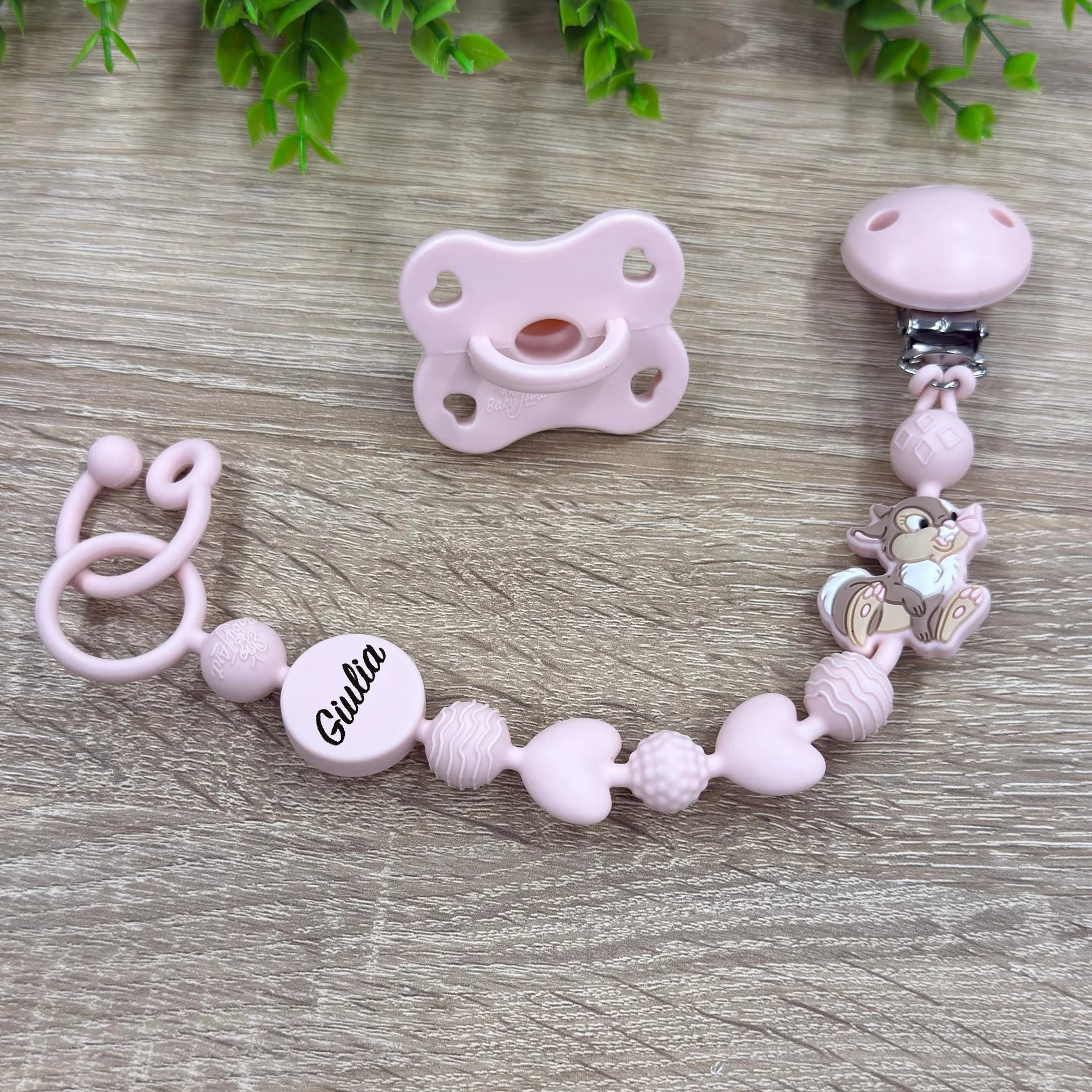 Cadena para chupete de silicona personalizada con nombre – Modelo Bubble Charm – Clip seguro – Idea regalo nacimiento – Conejita – Ultra ligera