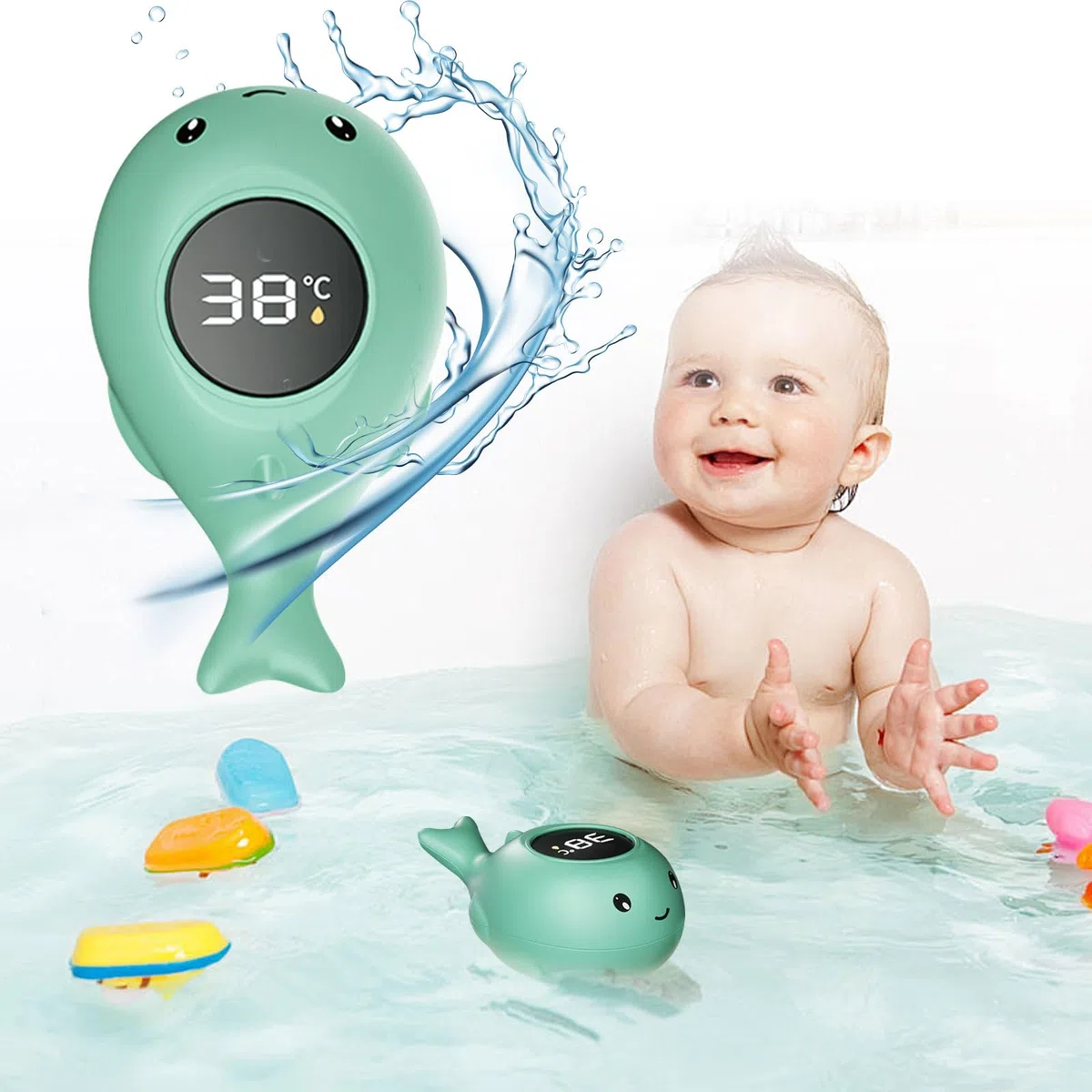 Termómetro Digital para Bañera de Bebé con Pantalla Táctil LED, Aviso de Temperatura y Juguetes de Baño (Azul)