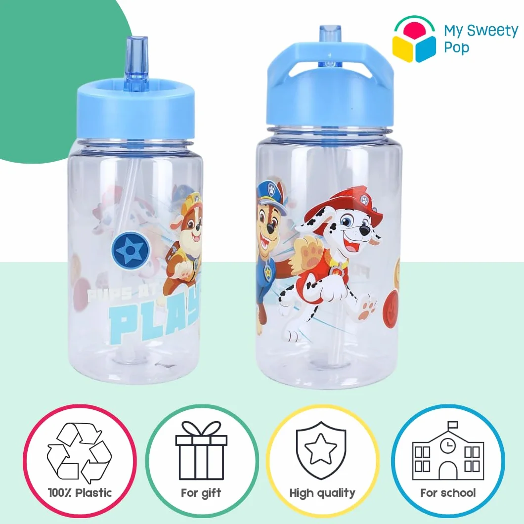 Botella de agua My sweety pop para niños, Paw Patrol, transparente, de plástico, para niños, guardería, escuela, vacaciones, comida, 12 cm, 450 ml, hidratación, idea de regalo