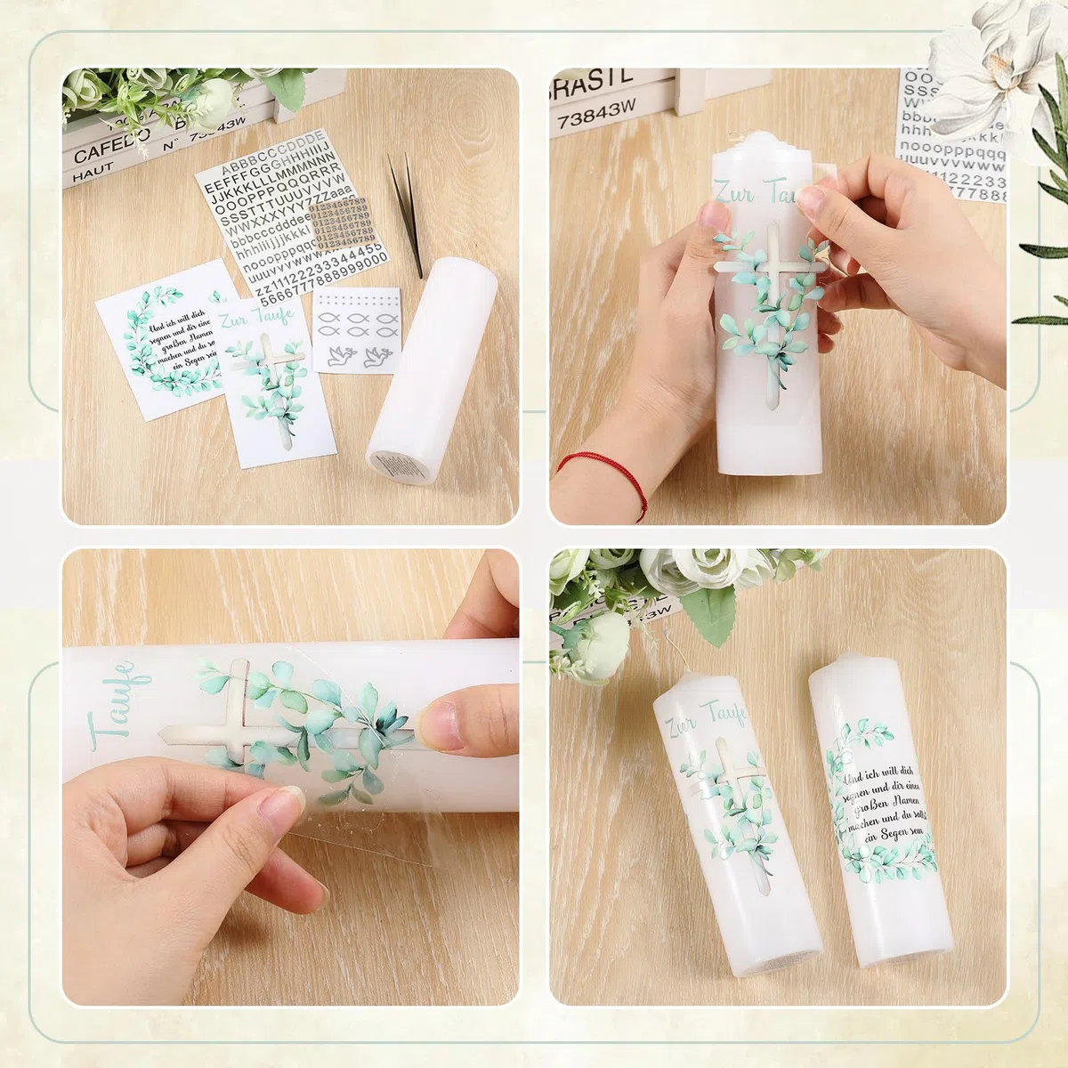 Taufkerze Taufgeschenk Kommunionkerze Set für Mädchen Jungen Taufe Kommunion Geschenk Stumpenkerze und Aufkleber für Taufe Erstkommunion(Eucalipto)