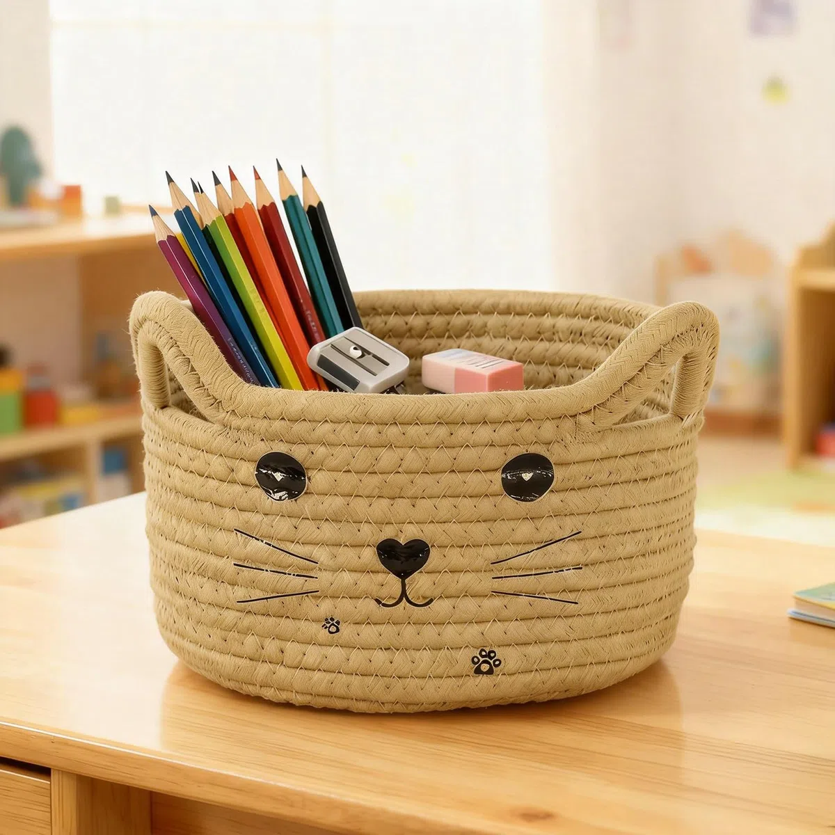 Cestas Almacenaje Pequeña, Cesta de Almacenamiento con forma de gato, Cestas Bebe de Cuerda de Algodón, aprox. 21 x 12 cm, para Guardar Toallas, Juguetes y Cosméticos (Color Caramel)