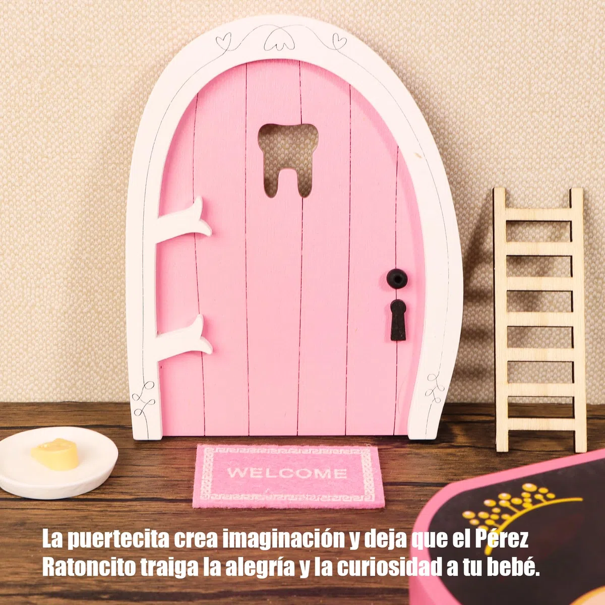 GEBETTER Caja Dientes de Leche Niña en Español + Puerta Pérez Ratoncito, Cajita Madera Guardar Dientes, Pinzas, Botecito, Puerta, Felpudo, Escalera, Queso y Plato, Regalo Niña 5 6 7 8 9 Años (Rosa)