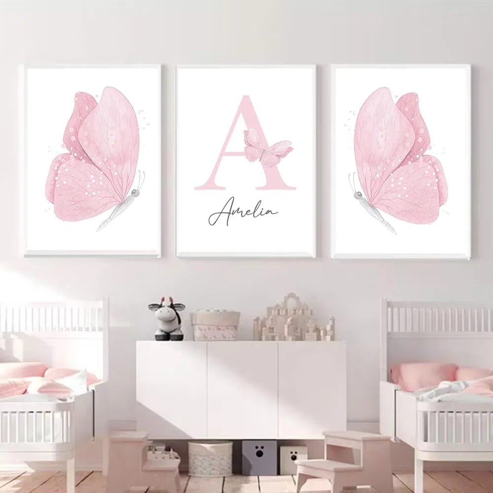 3 Laminas Habitacion Niña 30X40CM Cuadros Mariposas Poster Rosa Lienzo Habitacion Bebe Infantil Laminas Personalizadas Bebe Cuadros Decoracion Niña sin Marco