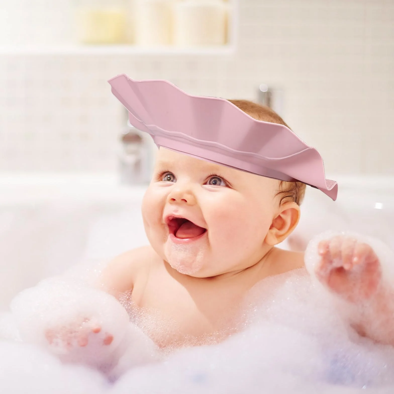 Gorro Ducha Beber Proteger Ojos y Oídos Silicona Protector Cabeza Ajustable Función Tres en Uno Regadera Baño (Rosa)