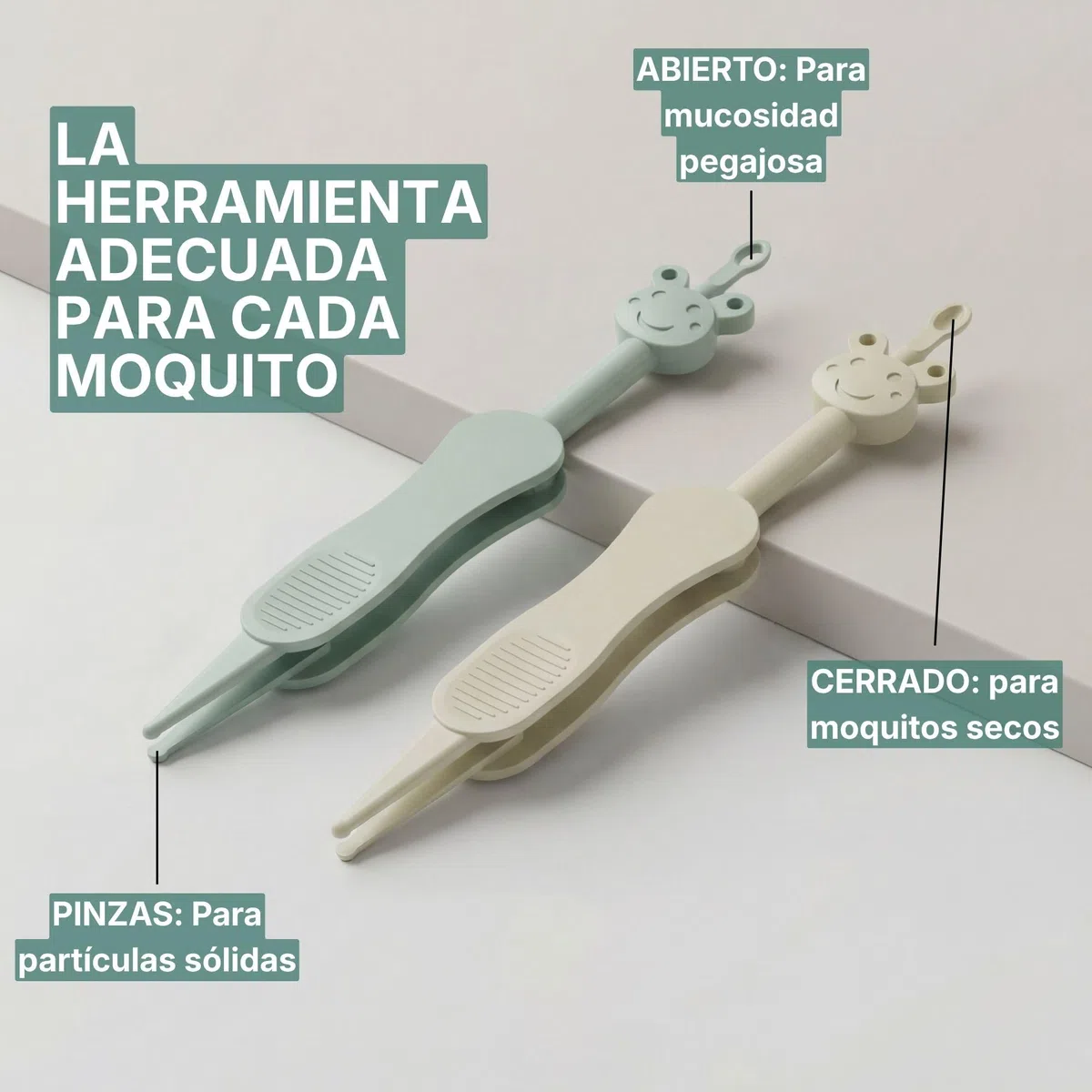 Limpiador de nariz y oídos para bebés con pinzas - Alternativa 3 en 1 al aspirador nasal - Sin BPA - Verde/Beige