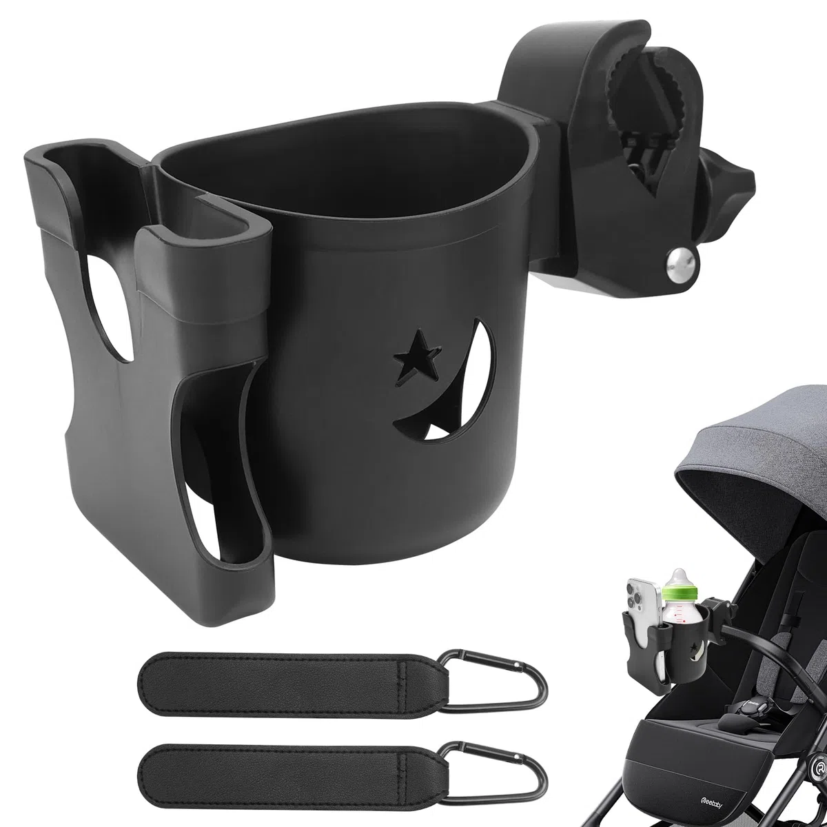 Soporte para bebidas del cochecito de bebé con funda para móvil Universal 2 en 1 Soporte para vasos Soporte para café Soporte para bebidas con 2 ganchos para cochecito de bebé, bicicletas