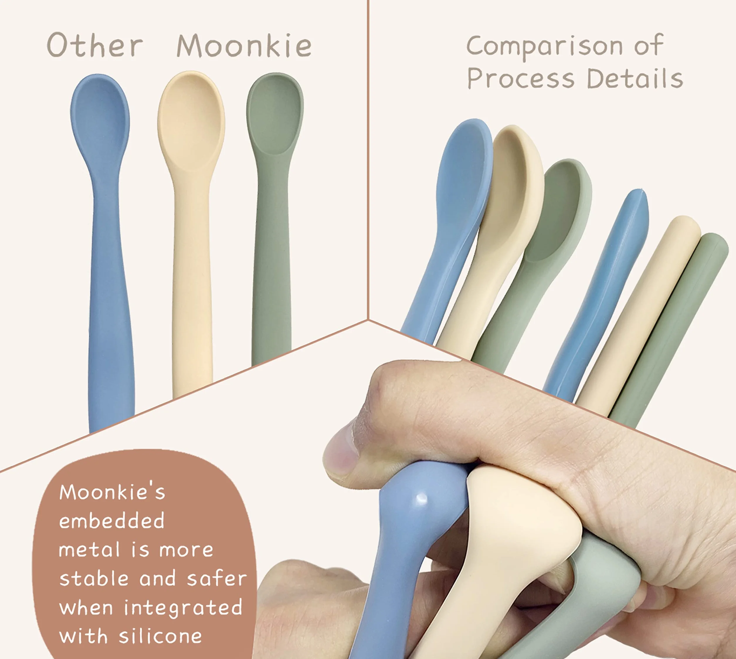 Moonkie Cuchara Bebe, 4 PCS Cucharas Silicona de Aprendizaje para Bebés, Blandas para Primera Fase, Suaves y Flexibles, Muy Adecuadas para Autoalimentación y Destete Guiado