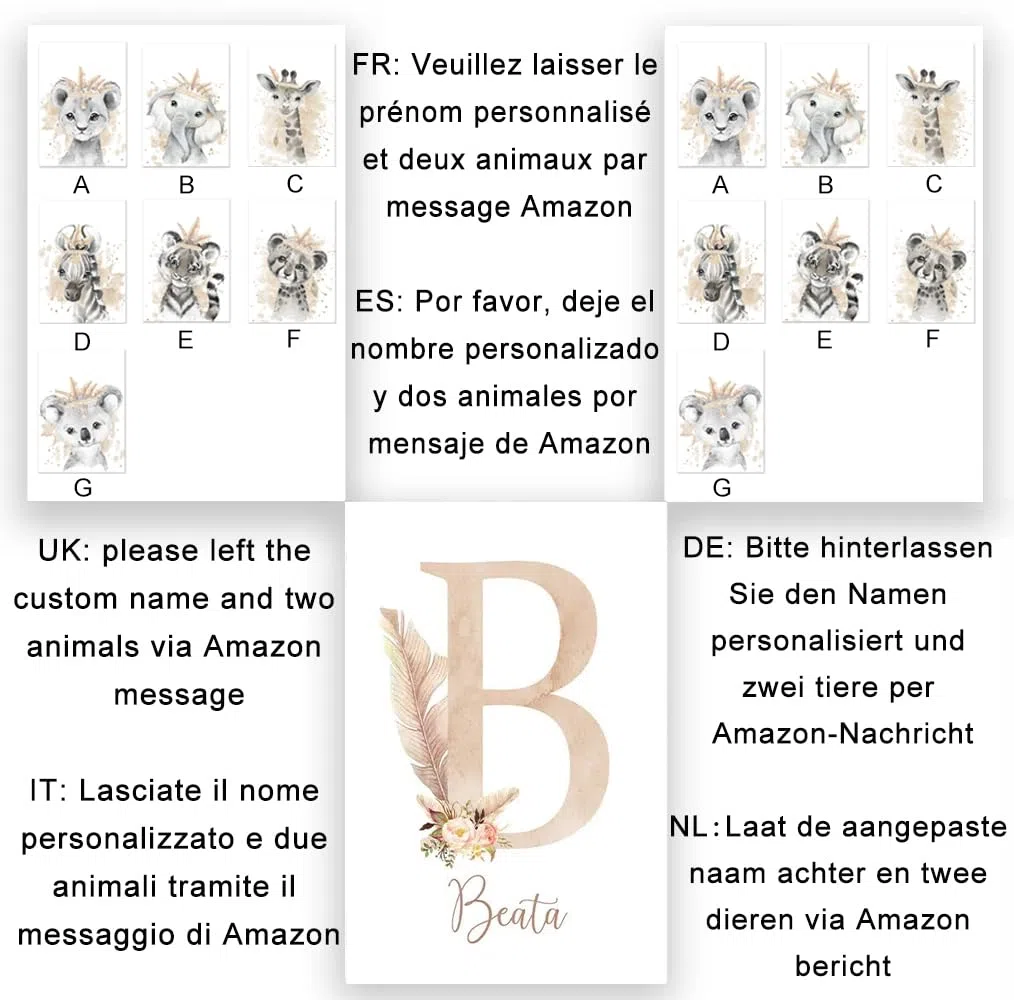 3 Laminas Personalizadas Bebe Cuadros Iniciales Poster Animales Selva León Elefante Jirafa Habitacion Infantil Decoración Pared Habitación Niño Niña Regalo 30x40 cm sin Marco