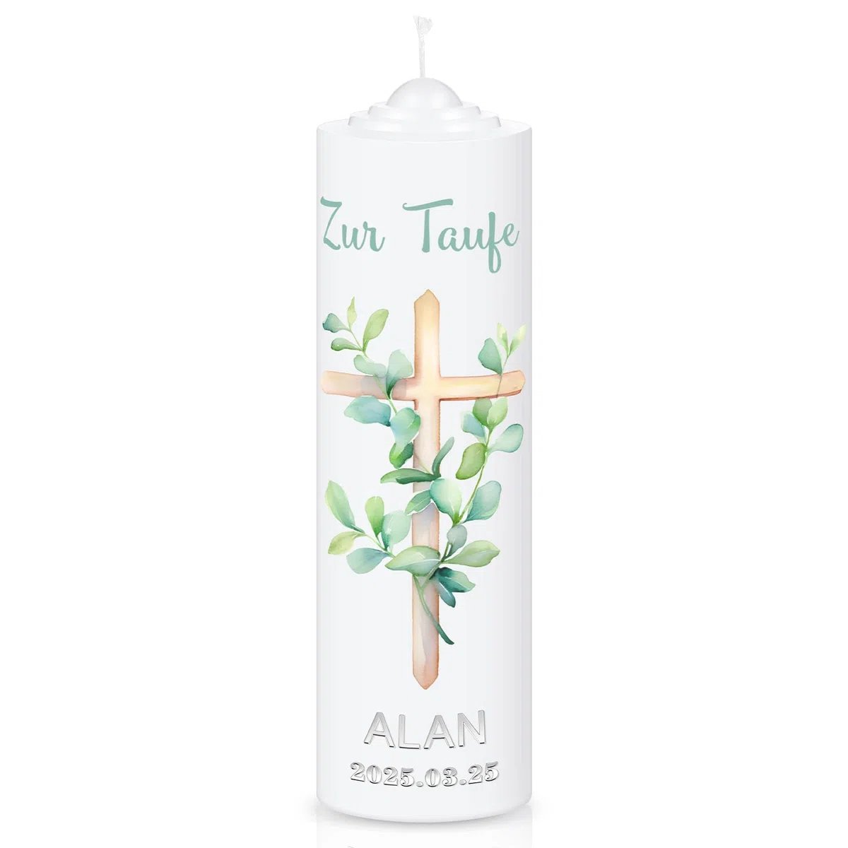 Taufkerze Taufgeschenk Kommunionkerze Set für Mädchen Jungen Taufe Kommunion Geschenk Stumpenkerze und Aufkleber für Taufe Erstkommunion(Eucalipto)