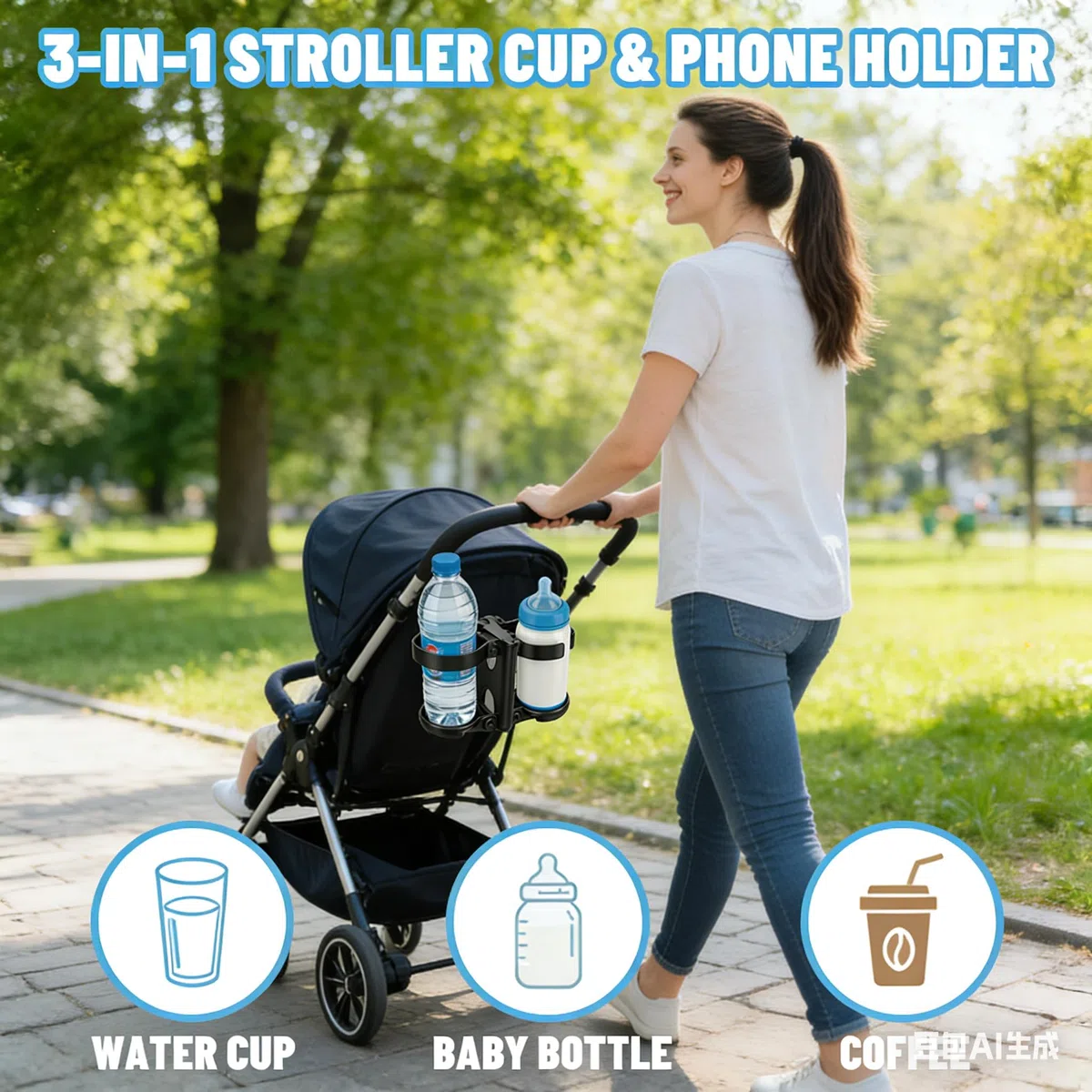 Soporte para bebidas 3 en 1, accesorios para cochecitos - Portavasos plegable con soporte para teléfono móvil, portabotellas universal para ABC Design Cybex, Bugaboo, bicicleta y silla de ruedas