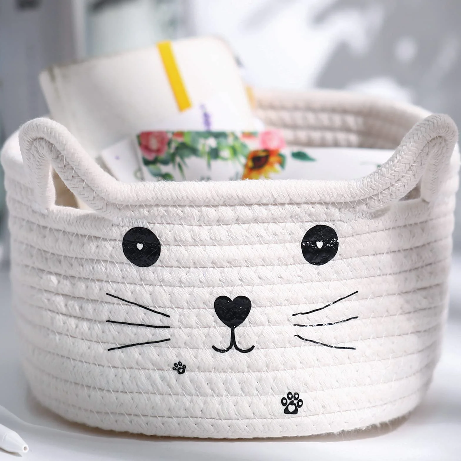 Cesta de Almacenaje de Cuerda Tejida con Orejas de Gato, Algodón, Blanco, 12 x 21 cm