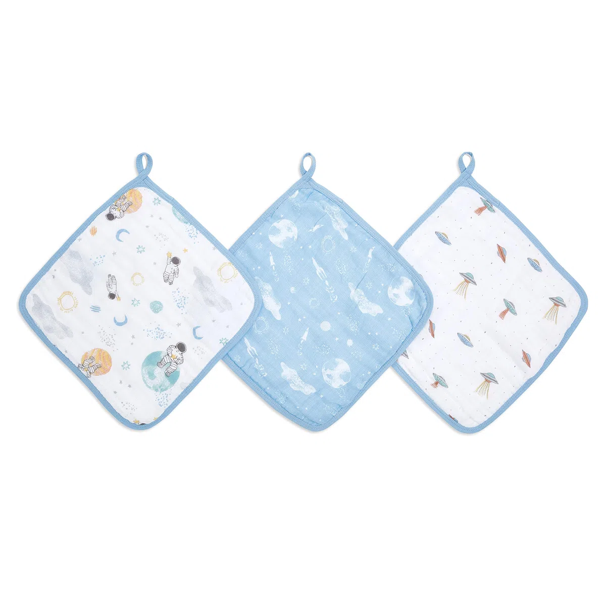 aden + anais Juego de 3 manoplas Space Explorers | muselina 100% algodón, baño y franela para bebés | set de regalo unisex para un bebé | lavar para recién nacidos
