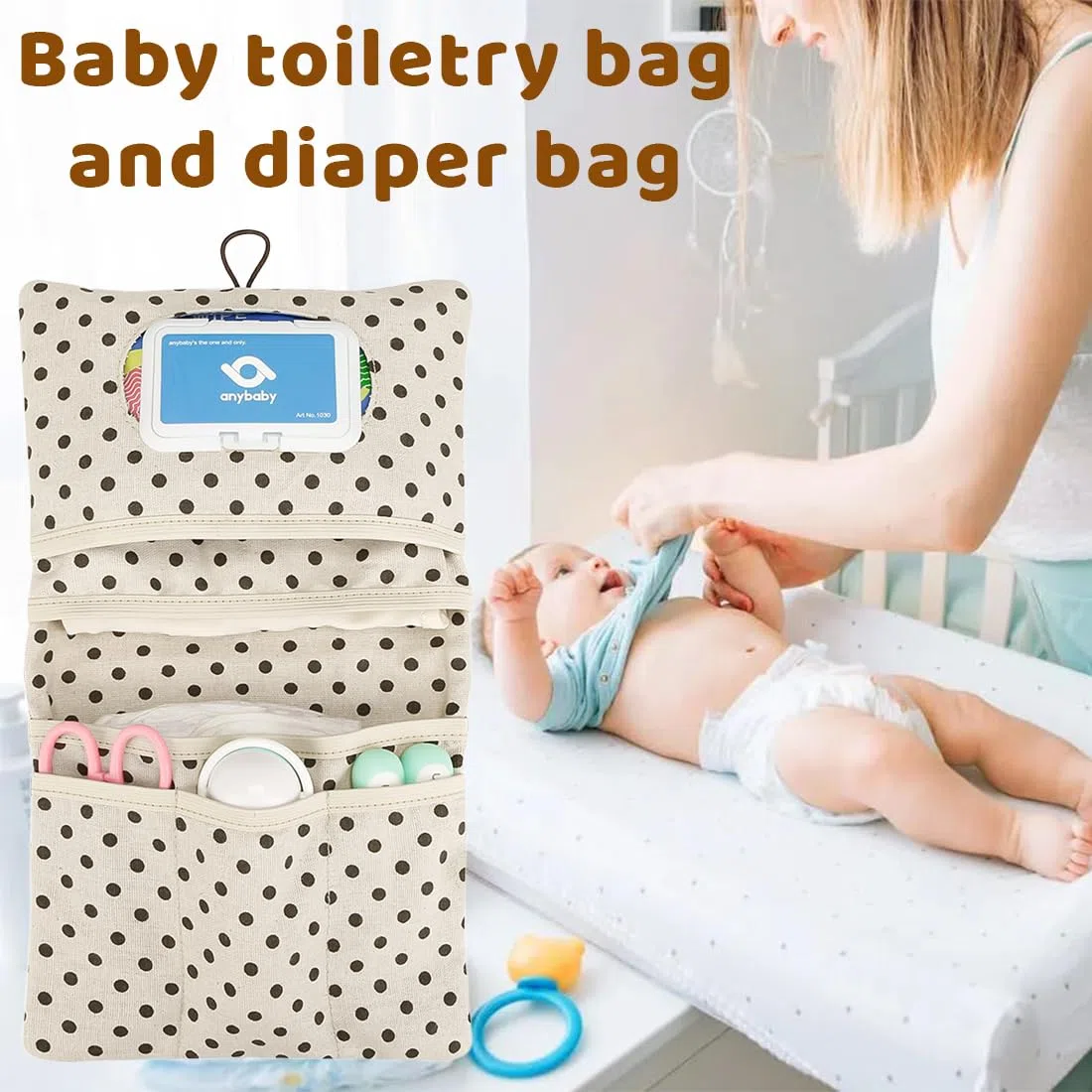 Bolsa de pañales organizador y neceser de cosméticos, 2 en 1, bolsa de pañales pequeña, organizador para bebés (Leaves)