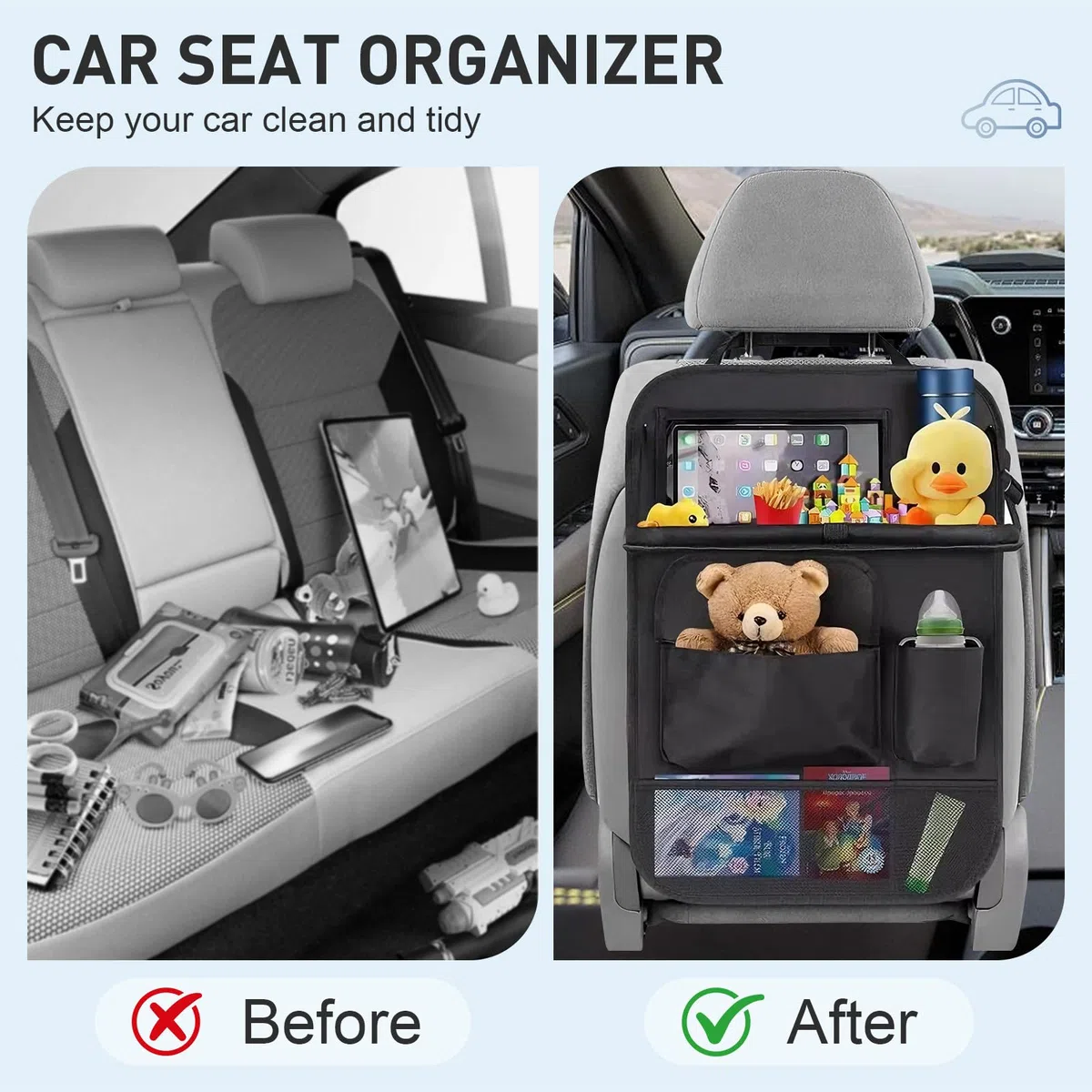 2 Piezas Organizador Coche Niños, Organizador Asiento Coche con Mesa Plegable y Funda para Tablet Oxford Protector Asiento Coche Impermeable para Viajes Familiares y Almacenamiento Juguetes