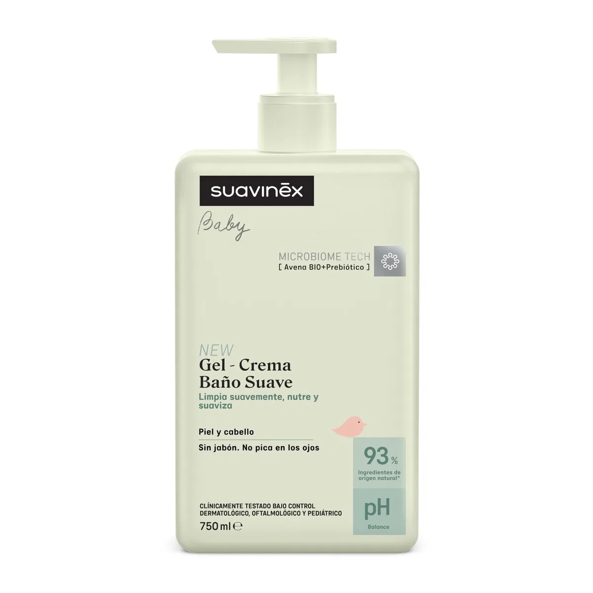 Suavinex, Gel - Crema Baño Suave para Bebés, Champú para Piel y Cabello, Sin Jabón, Apto Pieles Sensibles y Recién Nacidos, No Pica en los Ojos, 93% Ingredientes Origen Natural, con Prebiótico, 750 ml