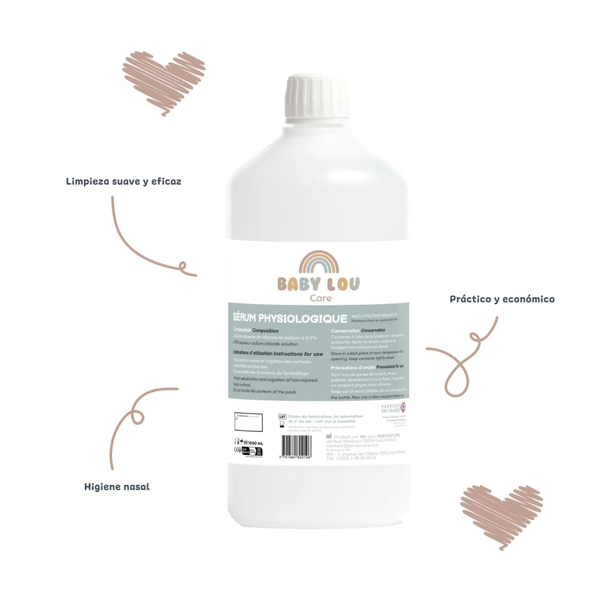 Suero Fisiológico Botella 1L | NaCl 0,9% | Fabricado en Francia | Lavado de fosas nasales | Higiene de la nariz | Para irración externa