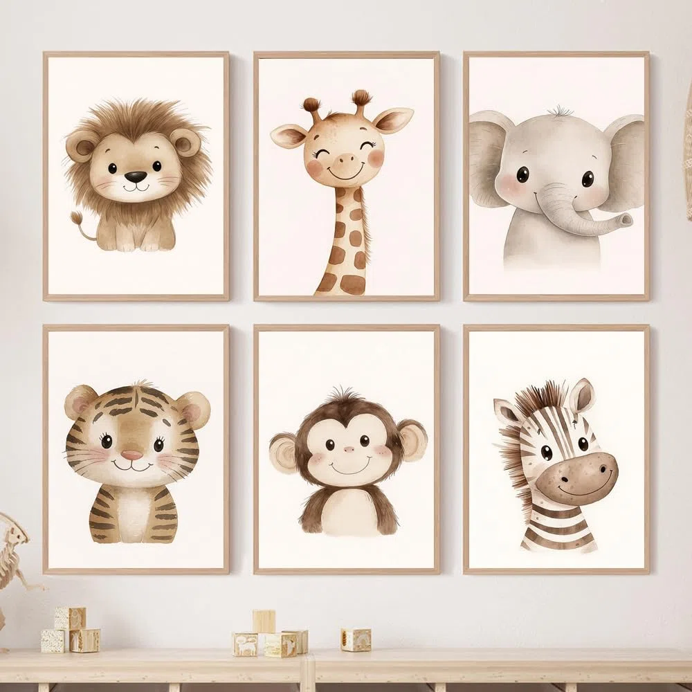 6 Laminas Animales Infantiles 21X30CM Cuadros Animales Niños Selva Elefante Jirafa León Zebra Poster Decorativos Habitacion Niños Lienzo Habitacion Bebe Cuadros Para Quarto Bebe Beige sin Marco