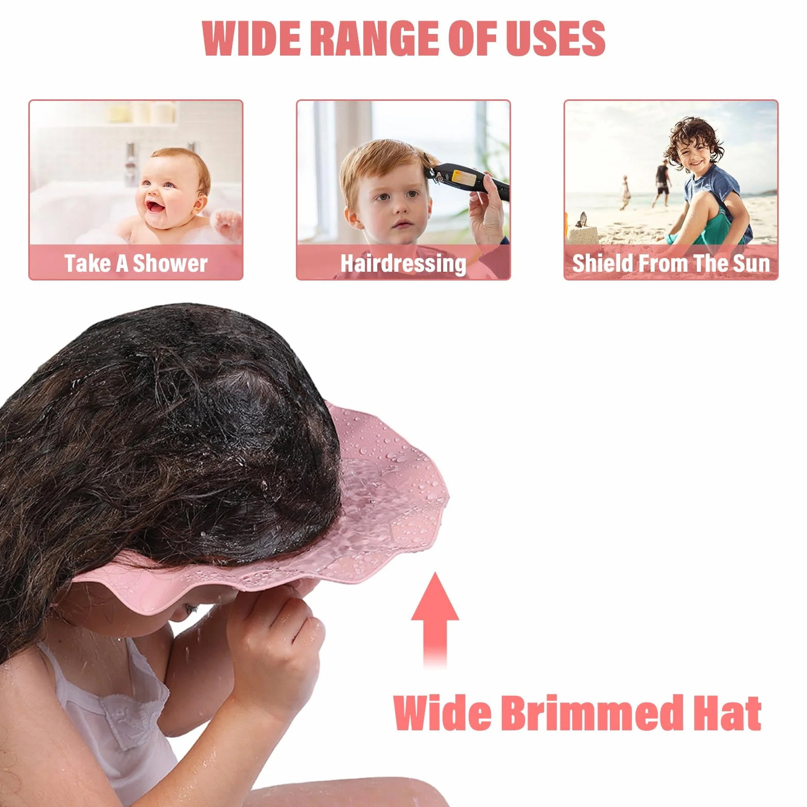 Gorro Ducha Beber Proteger Ojos y Oídos Silicona Protector Cabeza Ajustable Función Tres en Uno Regadera Baño (Rosa)
