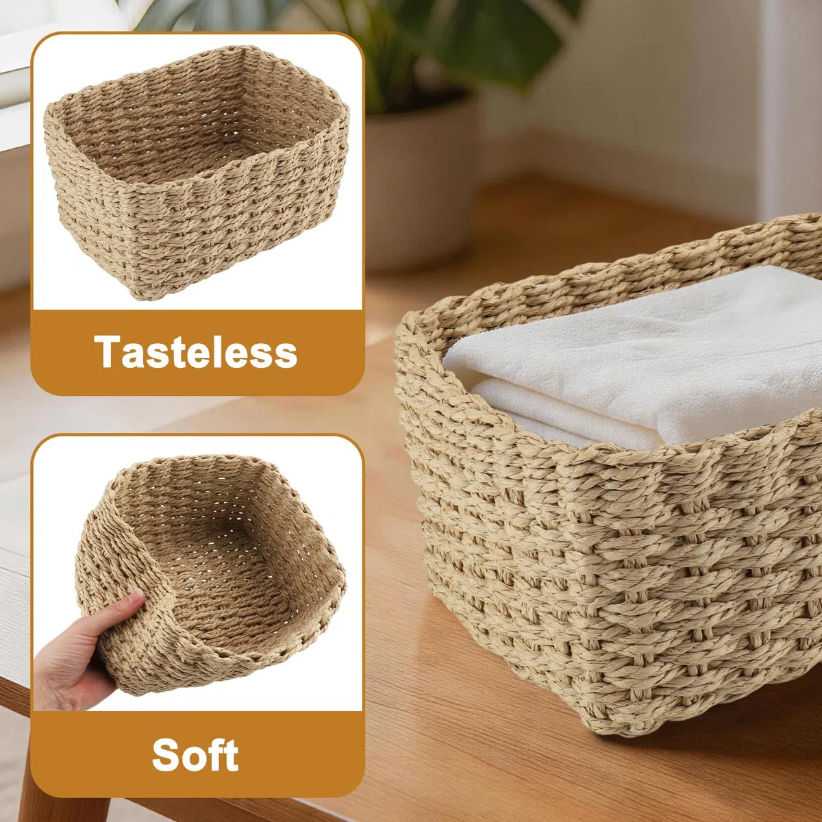 4 PCS Cestas Almacenaje Baño, Cestas Organizadoras Apilables, Cesta Mimbre Almacenaje Utilizar para Recoger Ropa, Juguetes y Cosméticos, para Cocinas, Dormitorios, Salas de Estar