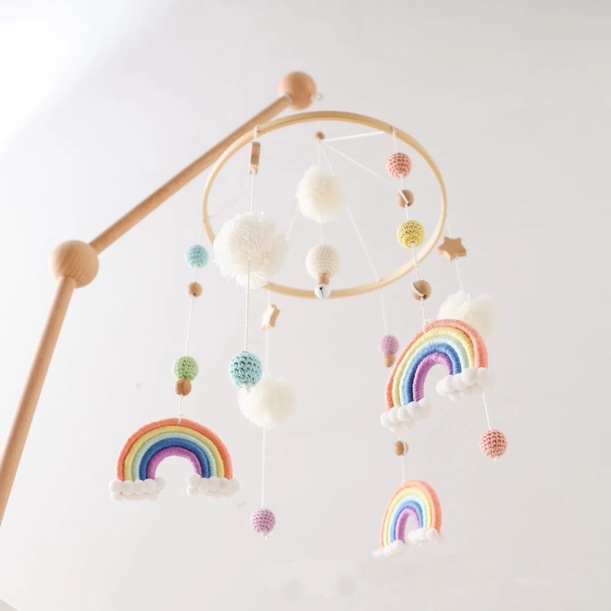 Baby Mobile para cuna, arco iris, estrella, móviles de cuna de pompones,cuna móvil para bebé,carillón de viento para bebé móvil de madera, regalo para bebés o niños