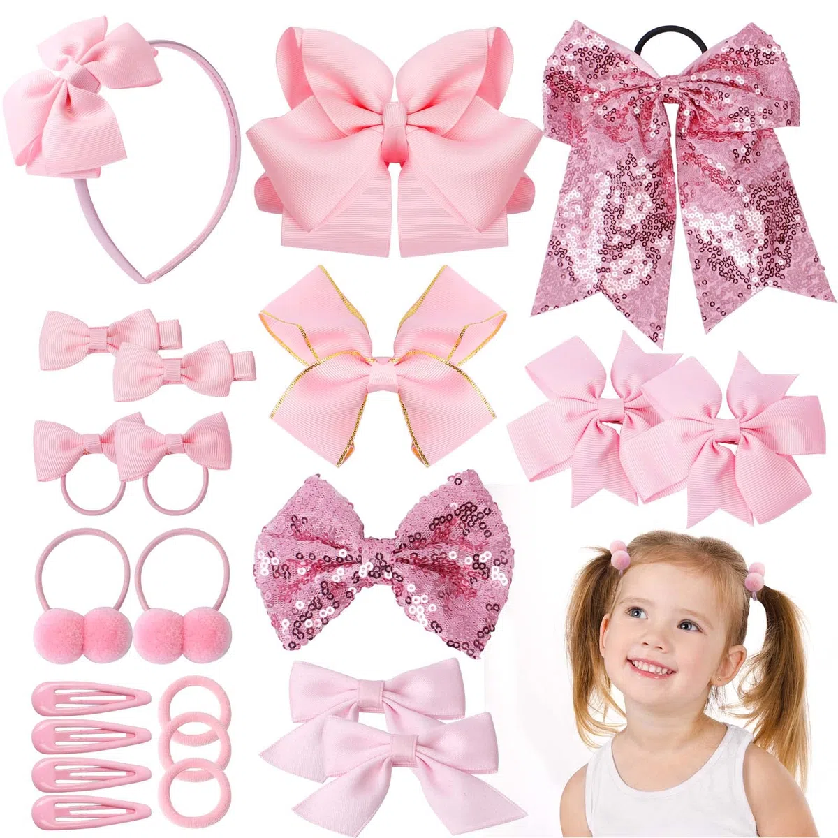 Conjunto de 24 pcs de Accesorios para el Cabello de Niña Rosa, Mariposa Pelo Cuerda Pinza, banda, Bola Redonda Banda de Pelo, Accesorios para el Cabello con Lentejuelas,Decoración de Peinado y Regalo