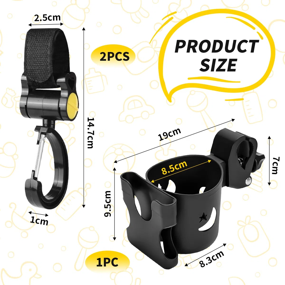 Portavasos Carrito Bebe con 2 Gancho Carro Bebe Ajustable y Versátil Porta Vasos para Biberones Bebidas Termos Vasos Teléfonos Móviles,Soporte Botella Bicicleta para Sillas de Ruedas Carritos
