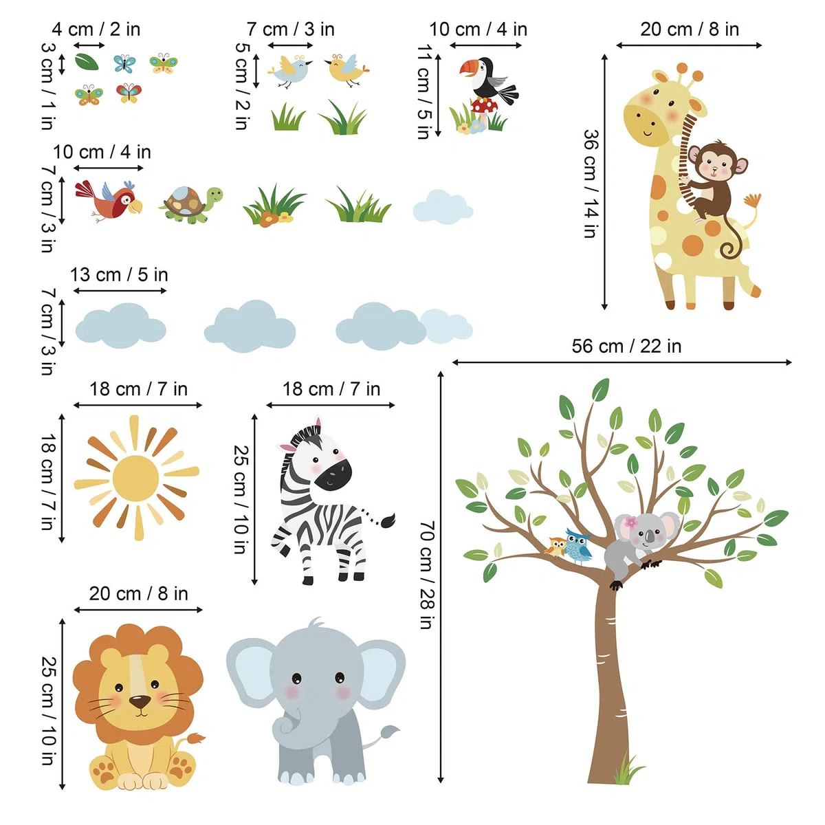 decalmile Pegatinas de Pared Bosque Animales Árbol Vinilos Decorativos Jungla Mono Elefante León Jirafa Adhesivos Pared Habitación Infantiles Niño Bebé