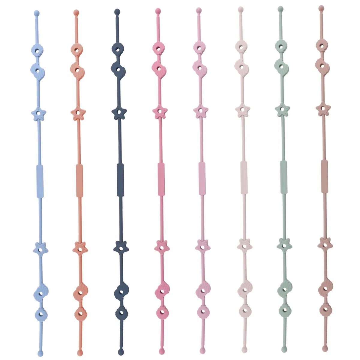 Paquete de 8 cadenas para chupete de silicona de alta elasticidad, correas de juguete para bebé, accesorios para cochecito, mordedores y juguetes, 8 colores
