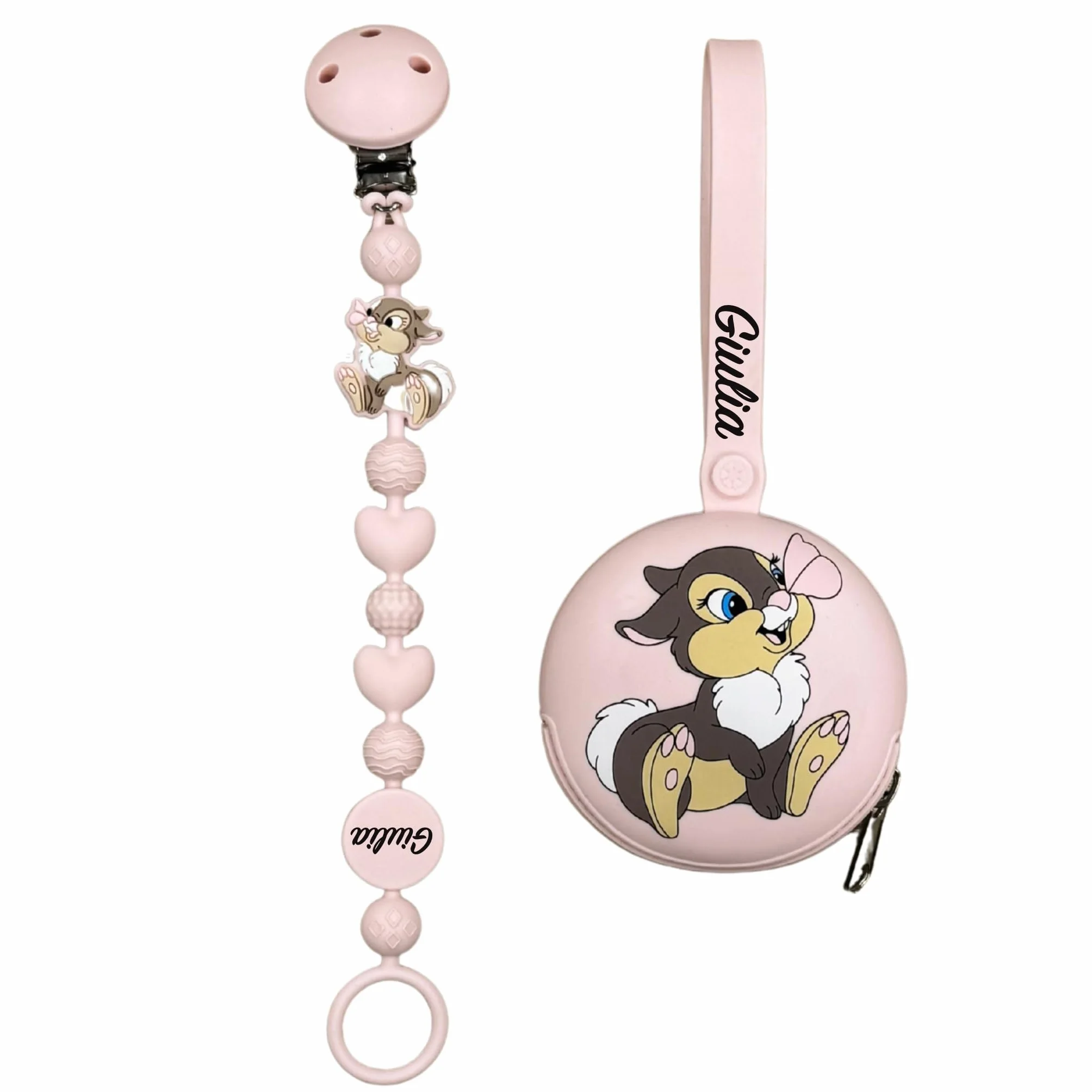 Cadena para chupete de silicona personalizada con nombre – Modelo Bubble Charm – Clip seguro – Idea regalo nacimiento – Conejita – Ultra ligera