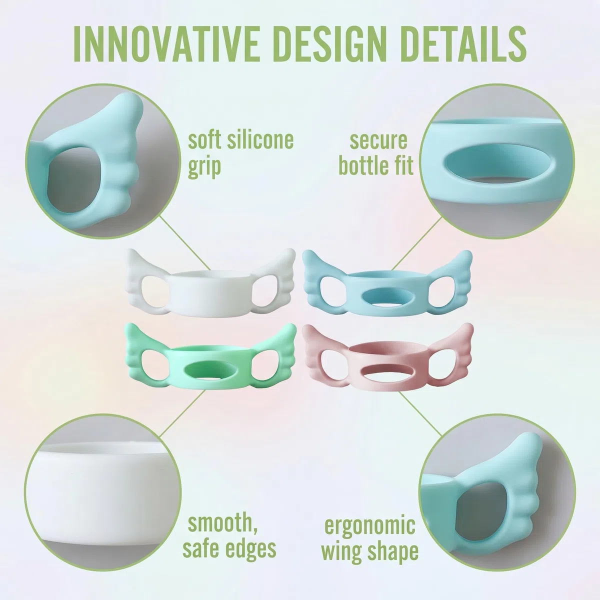 Paquete de 4 Asas para Biberones, Sujetadores de Silicona Multicolor, Adaptables y Faciles de Agarrar, Para Lactantes y Bebes, Aprendizaje de Alimentacion Independiente