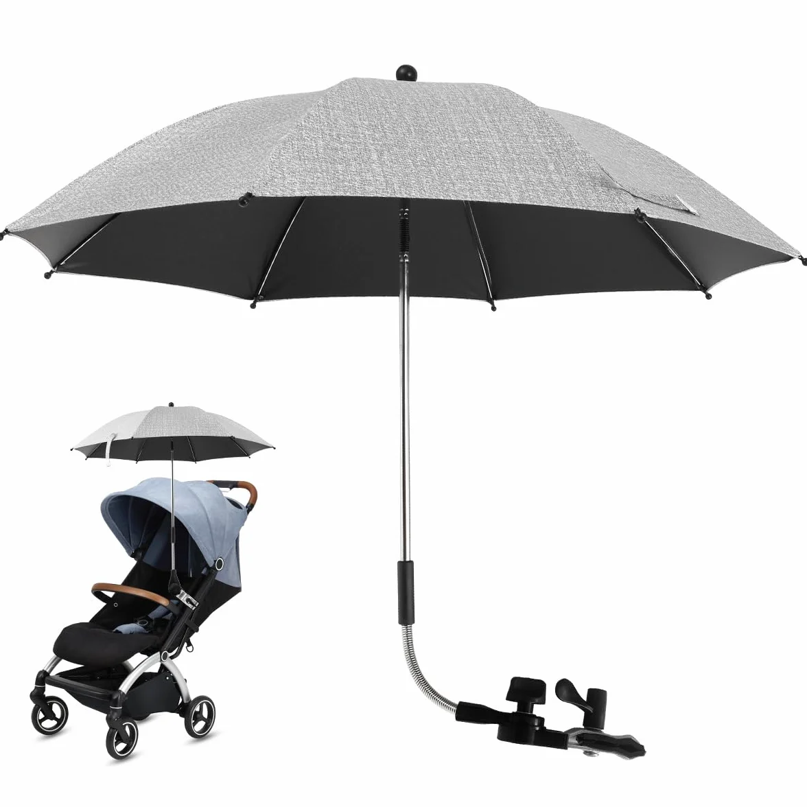 Sombrilla para cochecito de bebé con protección UV de 360° para cochecito, sombrilla universal con abrazadera ajustable y brazo flexible para cochecito, cochecito y cochecito