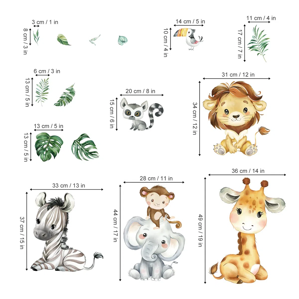 decalmile Pegatinas de Pared Animales de la Jungla Vinilos Decorativos Safari Elefante Jirafa León Adhesivos Pared Habitación Infantiles Niños Bebés Guardería