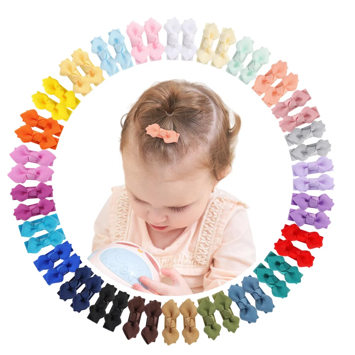Jollybows 50 Piezas Horquillas Pelo Bebe Niña, 1,57 pulgadas / 4 cm Pinzas Pequeñas Pelo Mini Grosgrain Ribbon Accesorios Pelo para bebé y niña