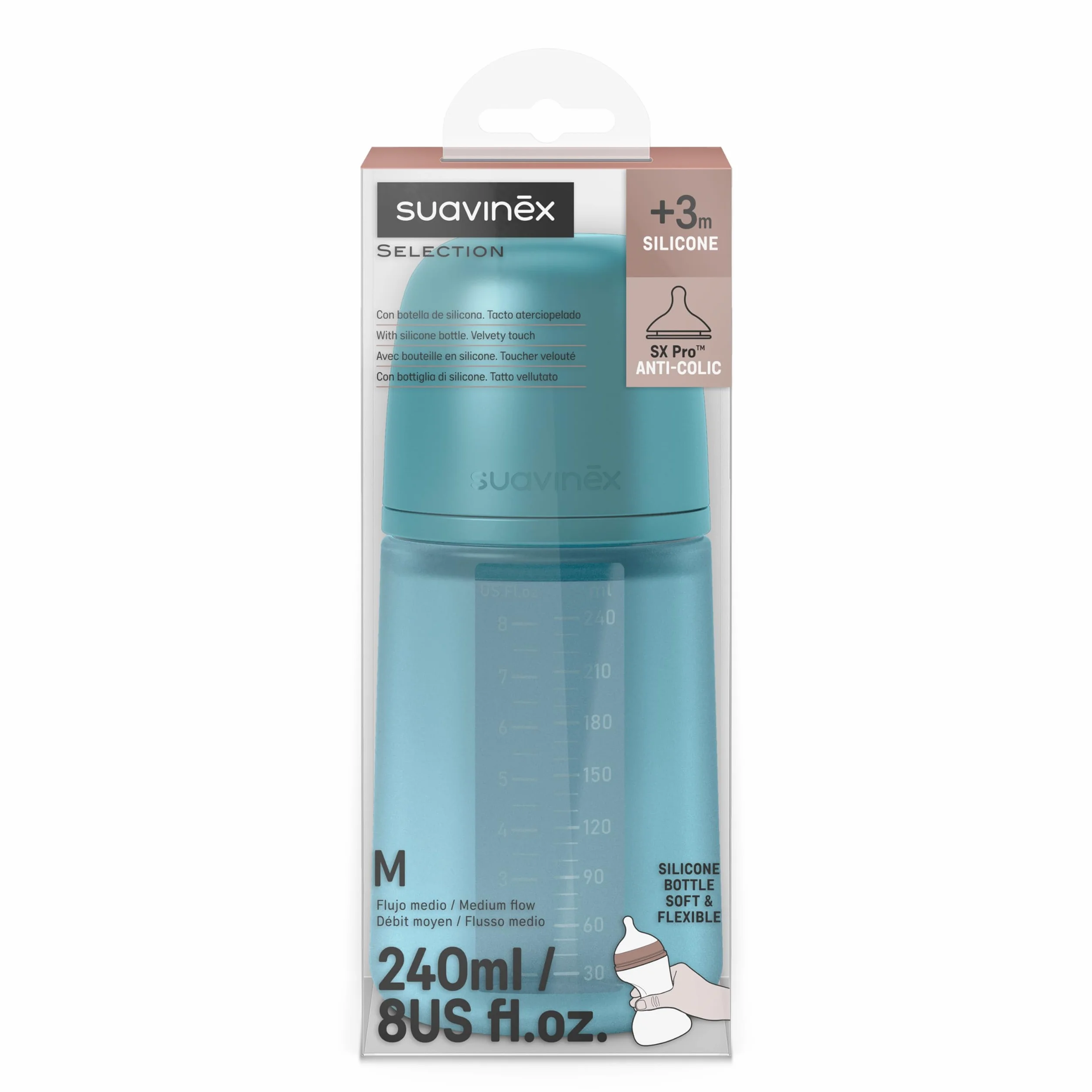 Suavinex, Biberón con Botella de Silicona de 240 ml, con Tetina Fisiológica SX Pro de Silicona, con válvula Anticólico, Biberón de Flujo Medio (M). Para Bebés +3 Meses. Colour Essence, Deep Ocean