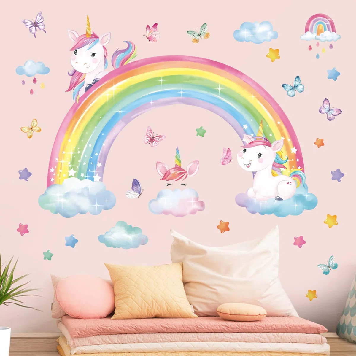 decalmile Pegatinas de Pared Arcoíris Unicornio Vinilos Decorativos Mariposas Nubes Estrella Adhesivos Pared Bebé Guardería Niñas Dormitorio