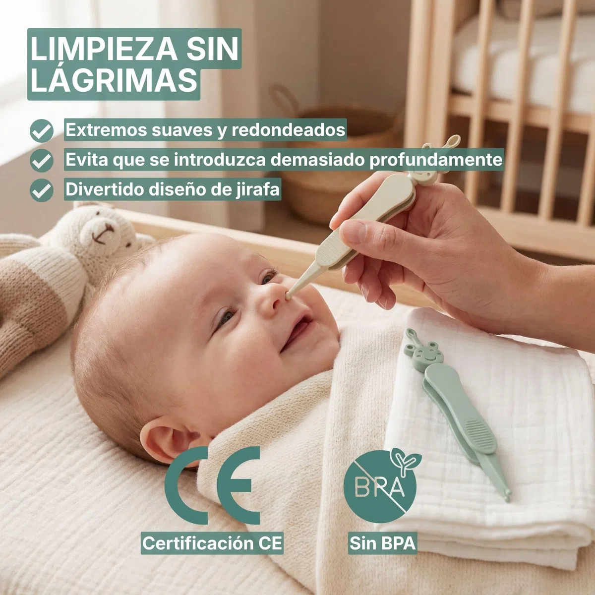 Limpiador de nariz y oídos para bebés con pinzas - Alternativa 3 en 1 al aspirador nasal - Sin BPA - Verde/Beige