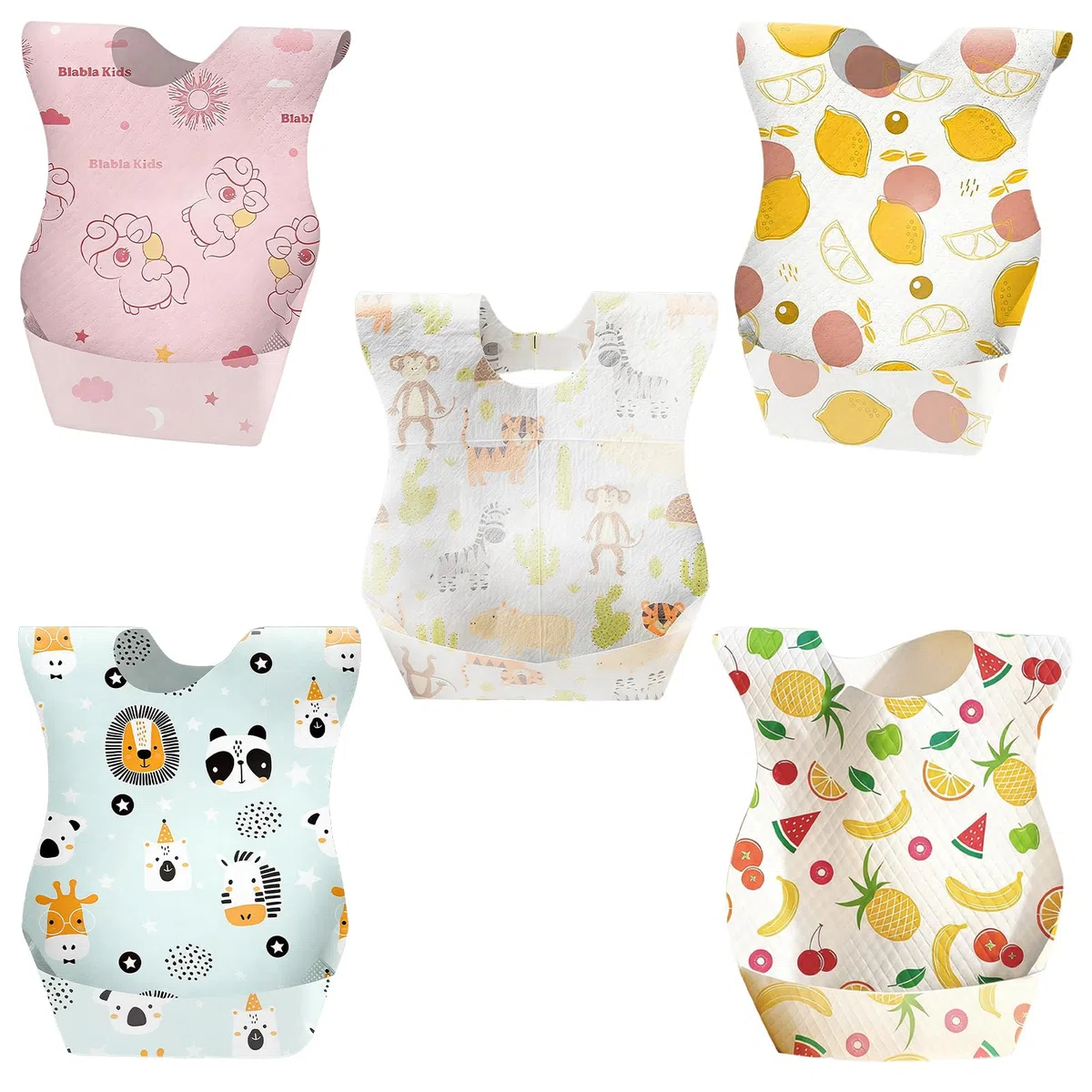 50 Piezas Papel Baberos Bebe, Babero para Niños con Bolsillo Ajustable Baberos Bebe Impermeables no Requiere Limpieza para Familia, Viajes, Habitación Infantil en 5 Patrones