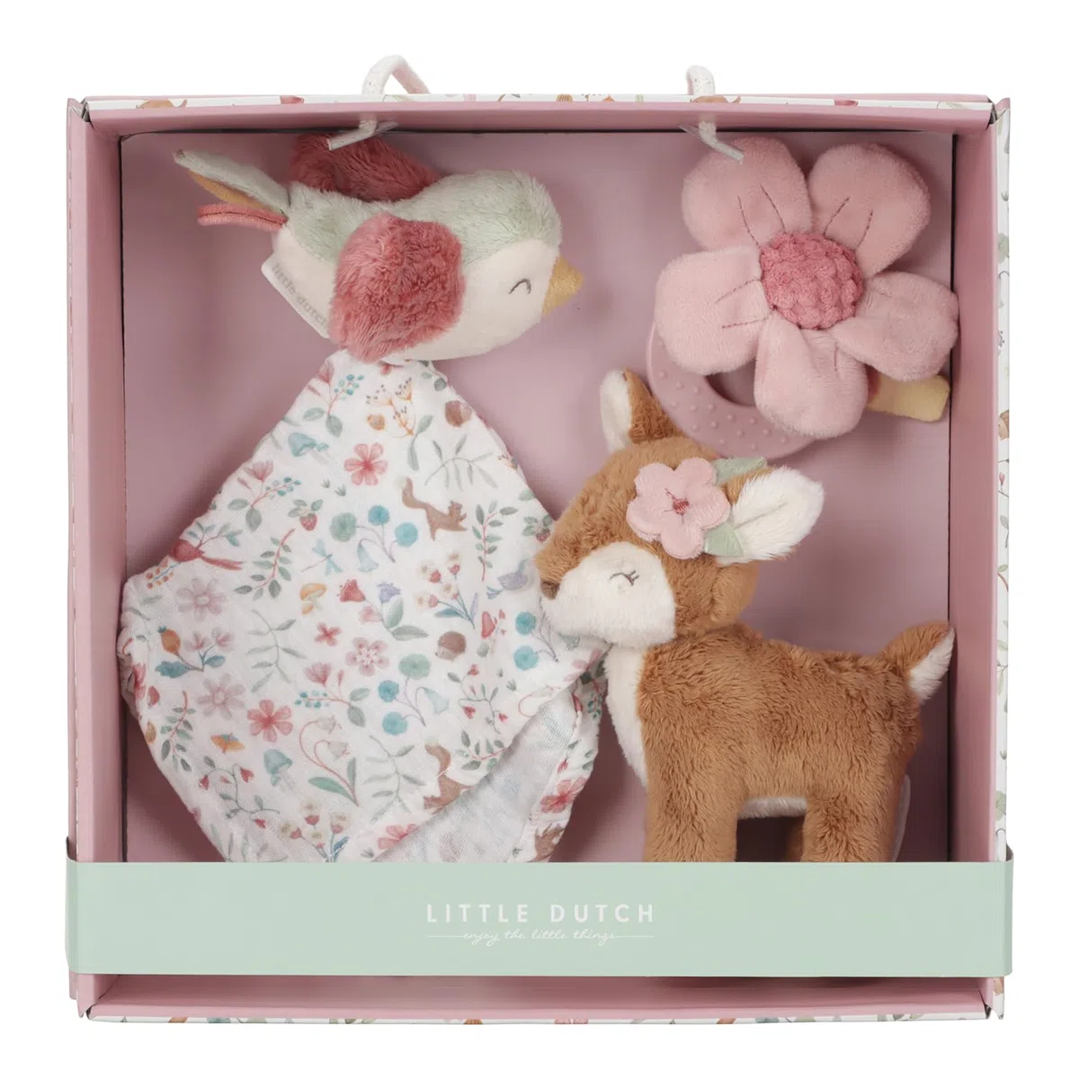 Little Dutch - Set de regalo para bebé de 3 piezas (paño de peluche, mordedor, peluche) ideal para el nacimiento, forma de ciervo, color rosa - Fairy Garden