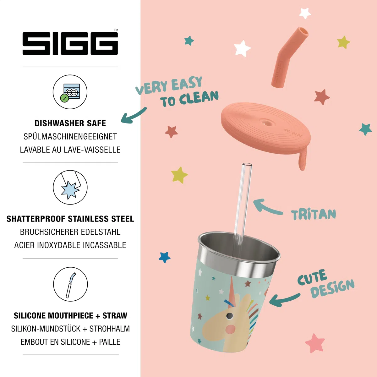 SIGG - Vaso infantil de acero inoxidable con tapa de silicona y pajita - A prueba de salpicaduras - Sin BPA - Ligero y robusto - Unicornio - 0,35L