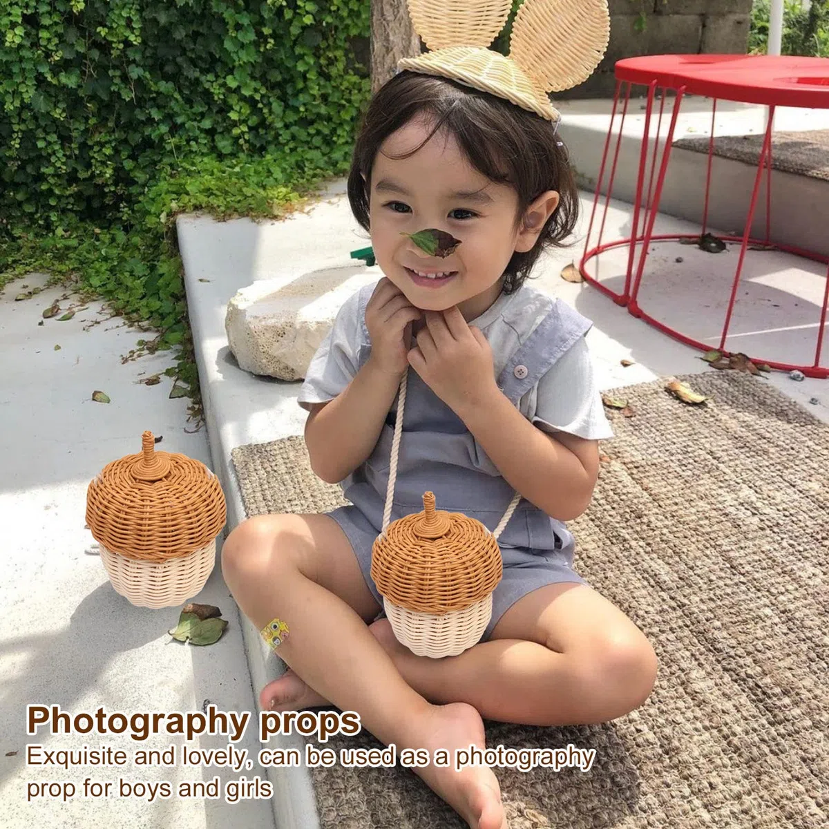 Cesta de Almacenamiento de Ratán para Niños, Cesta de Mimbre en Forma de Bellota, Impermeable, Multifuncional, , Tejida a Mano, Decorativa para el Hogar para Niñas (Bolso de hombro pequeño)