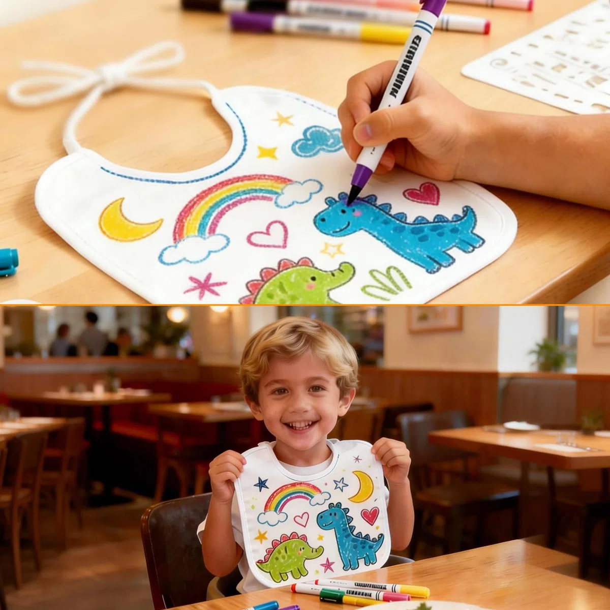 Baberos para Pintar, 12 Unidades Blancas con 12 Marcadores de Tela y 3 Plantillas, Baberos de Bebé Impermeables de Algodón, Regalo Creativo para Baby Shower