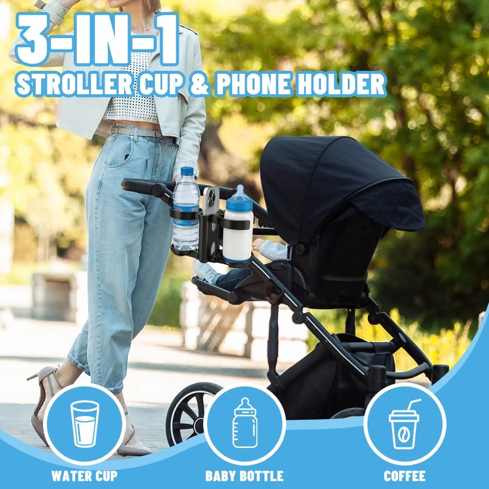 Soporte para bebidas 3 en 1, accesorios para cochecitos - Portavasos plegable con soporte para teléfono móvil, portabotellas universal para ABC Design Cybex, Bugaboo, bicicleta y silla de ruedas