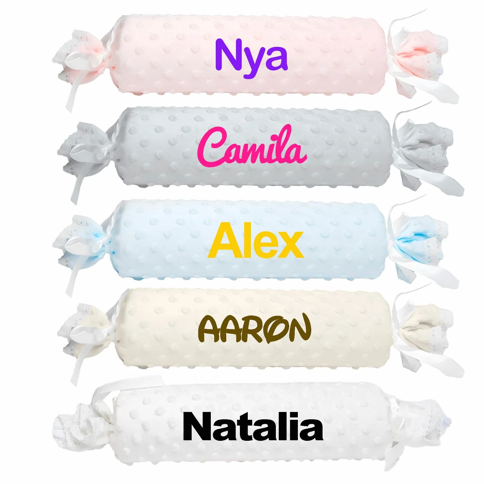 Cojín en Forma de Caramelo para Bebé – Textura Extra Suave de Burbujas, Personalizado con el Nombre del Bebé Bordado y Puntilla de Encaje, Desenfundable.Multicolor para escojer. Color Rosa
