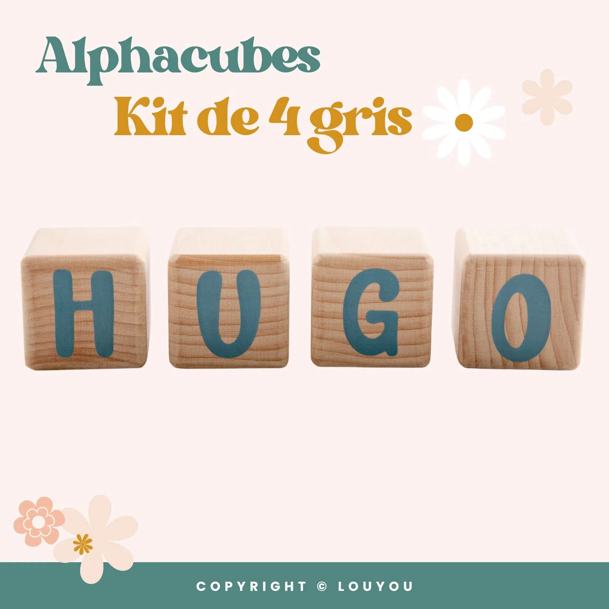 Cubos de Madera de 5cm x 5cm Kit de 4 Cubos con Pegatinas Grises - Letras de Madera de Gran Tamaño, Nombre Personalizado, Decoración para Habitación Infantil y Regalo de Nacimiento (Gris, 4)