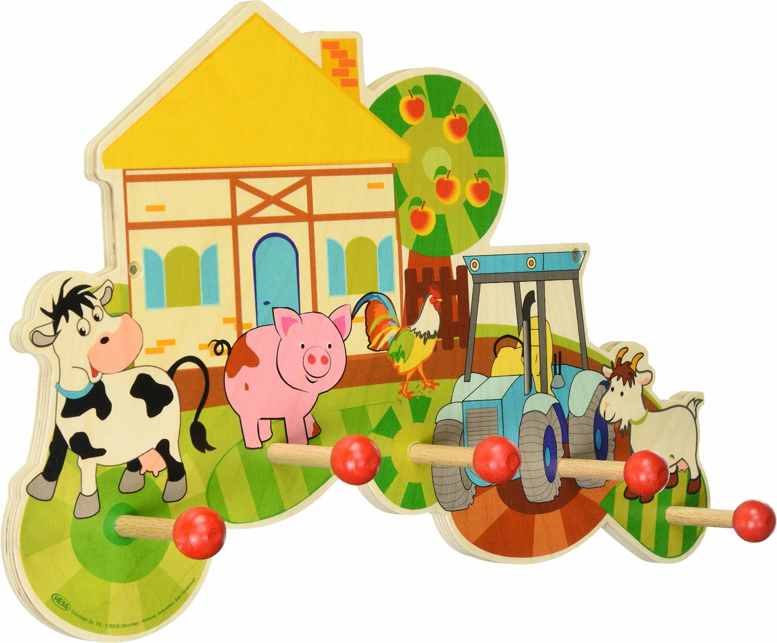 Hess Holzspielzeug 30304 - Perchero De Madera, Serie De Granja, Con 5 Ganchos, Para Niños, Hecho A Mano, Como Punto De Atracción En La Habitación Y El Pasillo De Cualquier Niño, color Multi